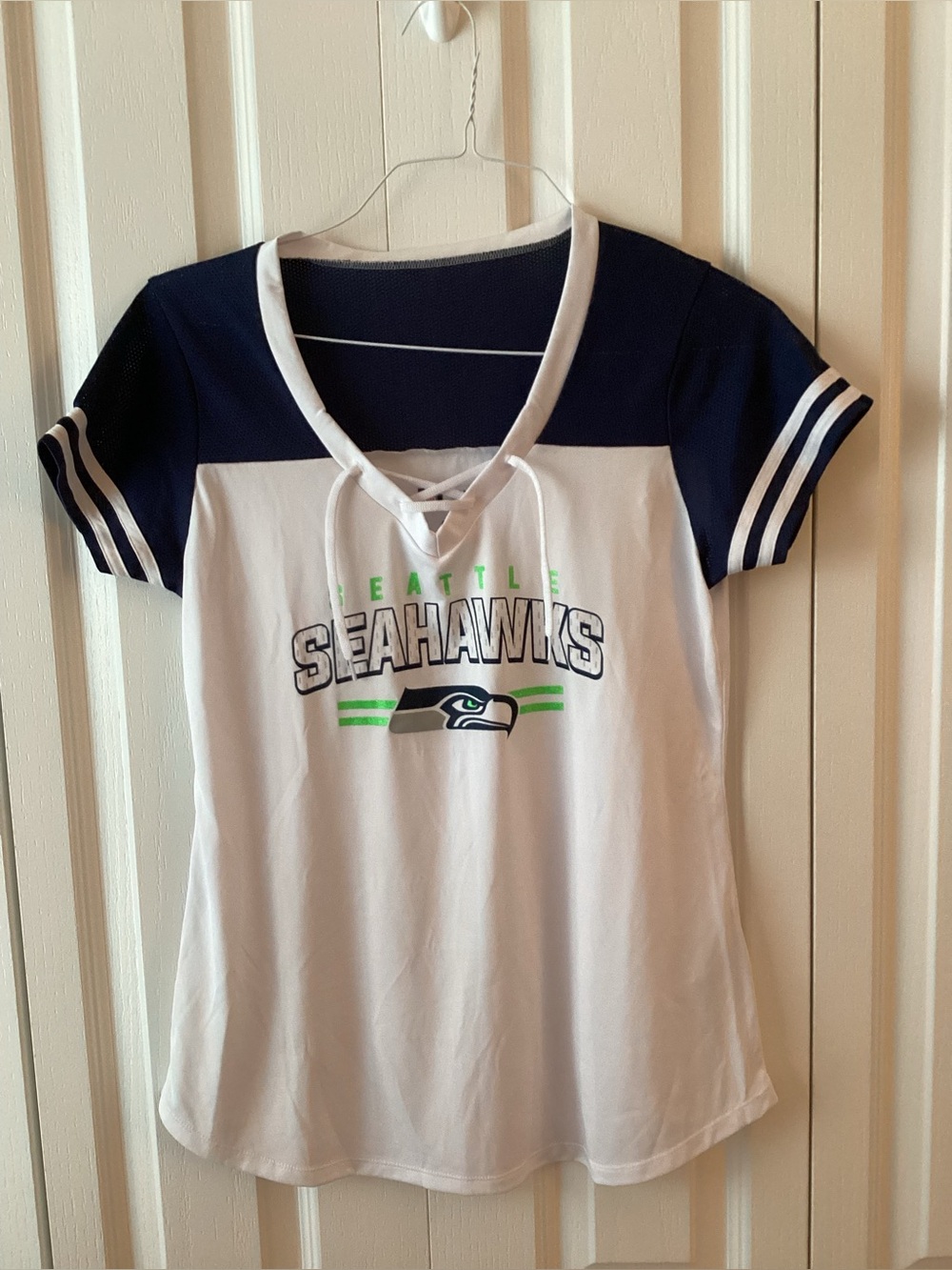 Girls' White & Navy Lace-Up V-Neck Tee